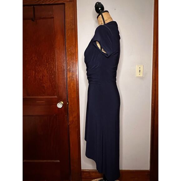 JOSEPH RIBKOFF DK NAVY BLUE STRETCH KNIT HIGH LOW DRESS SIZE 6 WRAPPED BODICE - Picture 4 of 6